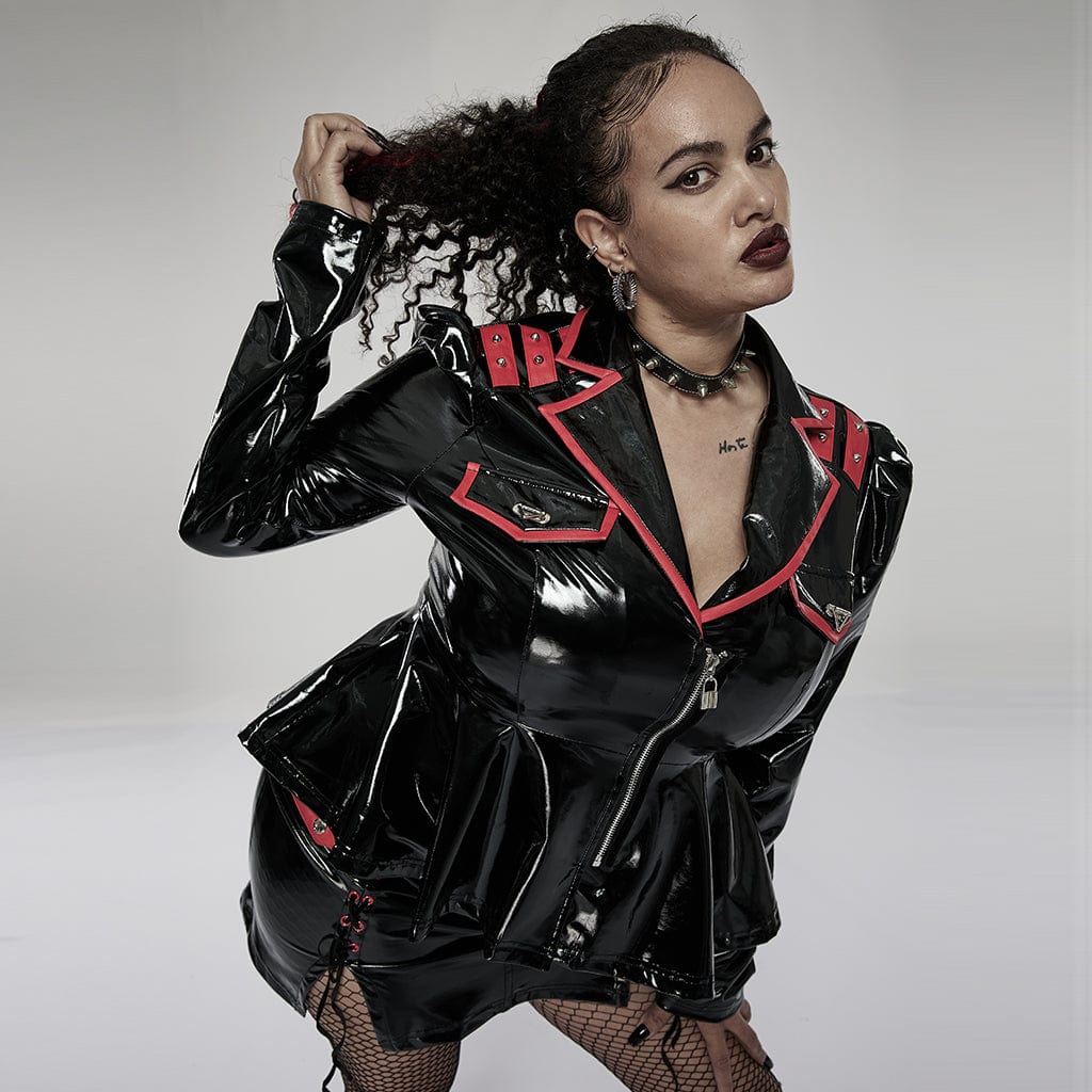 Punk Rave Women's Plus Size Punk Military Style Contrast Color Patent Leather Jacket