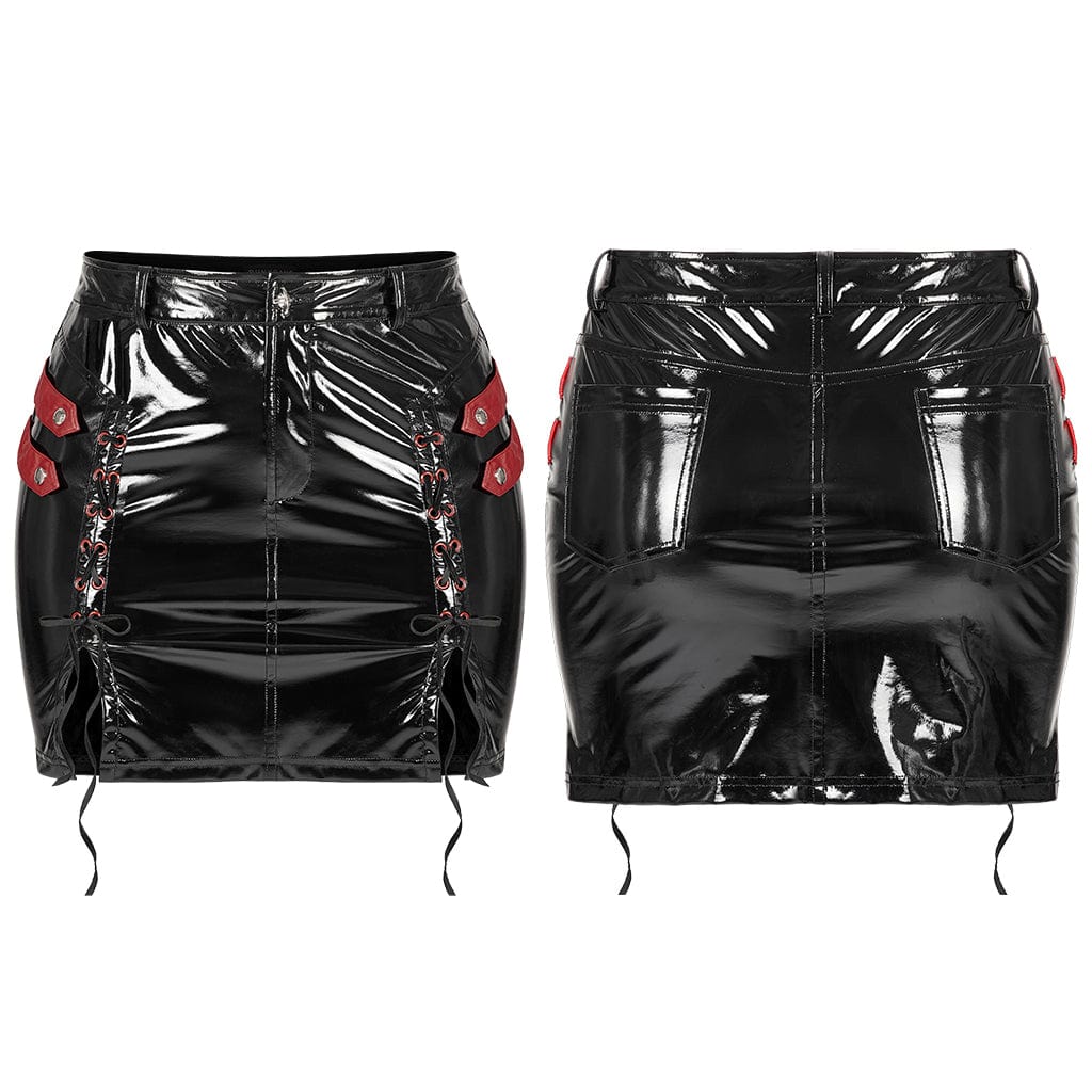 Punk Rave Women's Plus Size Punk Military Style Lacing-up Patent Leather Wraped Skirt