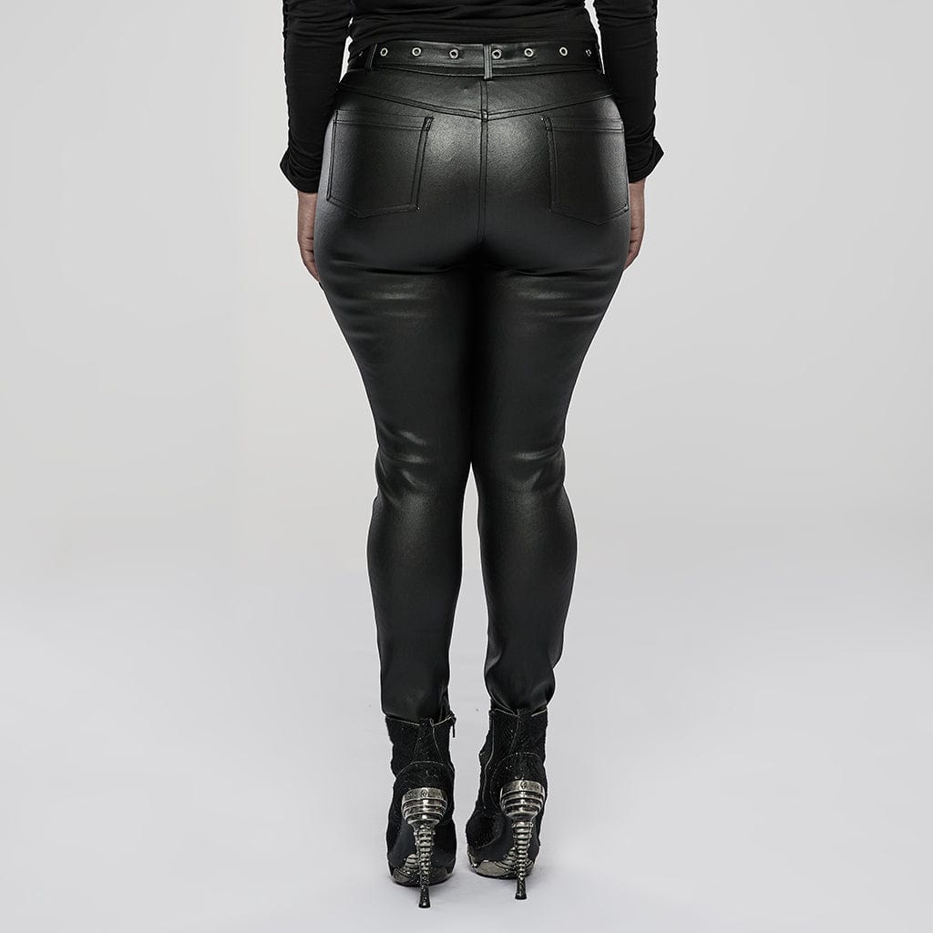 Punk Rave Women's Plus Size Punk Side Zip Faux Leather Pants with Belt