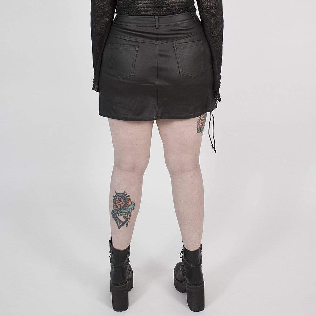 Women's Punk Black Lacing Short Faux Leather Skirt