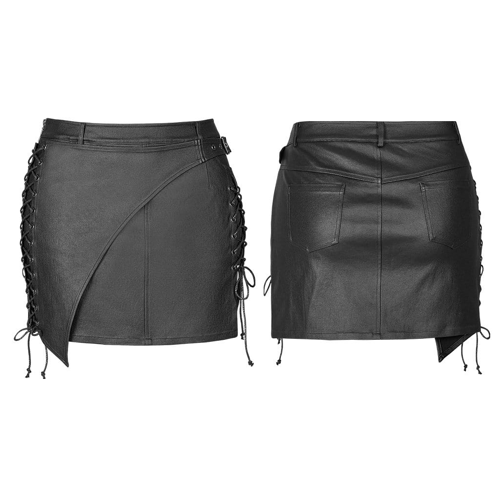 Women's Punk Black Lacing Short Faux Leather Skirt