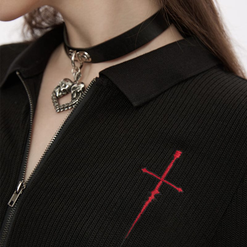 PUNK RAVE Women's Punk Cross Embroidered Zipper Cardigan