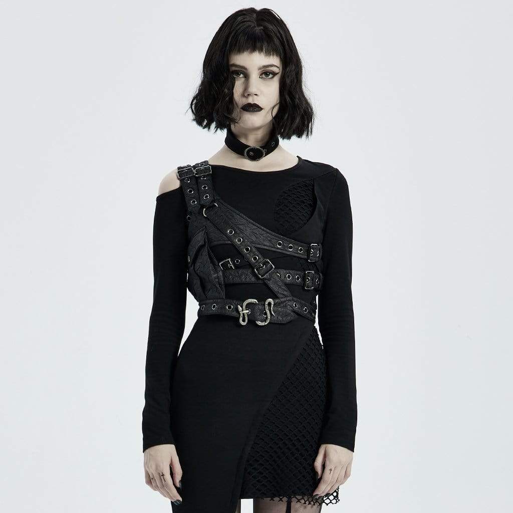 Women's Punk Cutout Buckles Harness with Pocket