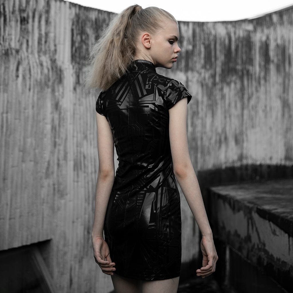 PUNK RAVE Women's Punk Cutout Faux Leather Splicing Cheongsam Dress