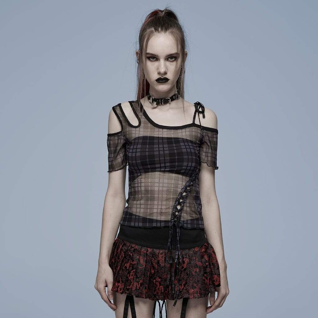 Women's Punk Cutout Plaid Sheer Mesh Top – Punk Design