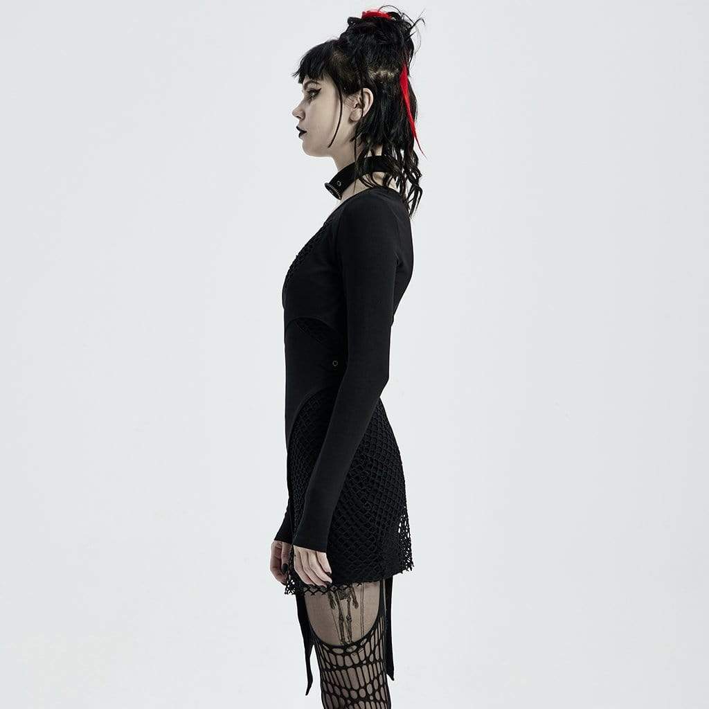 Women's Punk Cutout Shoulder Irregular Long Sleeved Shirt Dresses with Choker