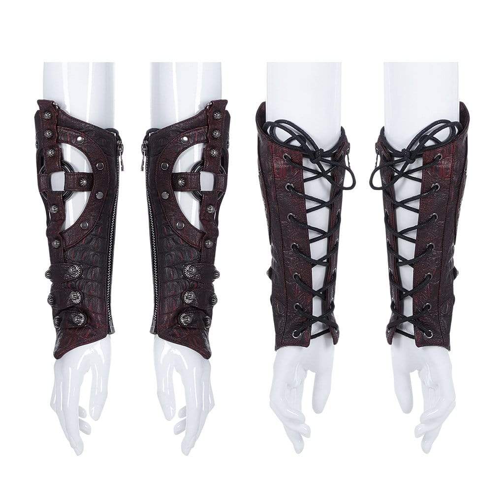 Women's Punk Cutout Zip Strappy Faux Leather Arm Sleeves Red