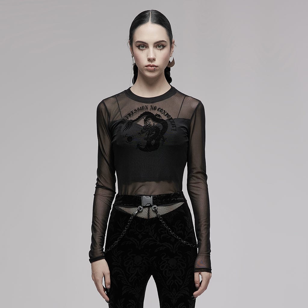 Punk Rave Women's Punk Dragon Printed Sheer Long Sleeved Mesh Top