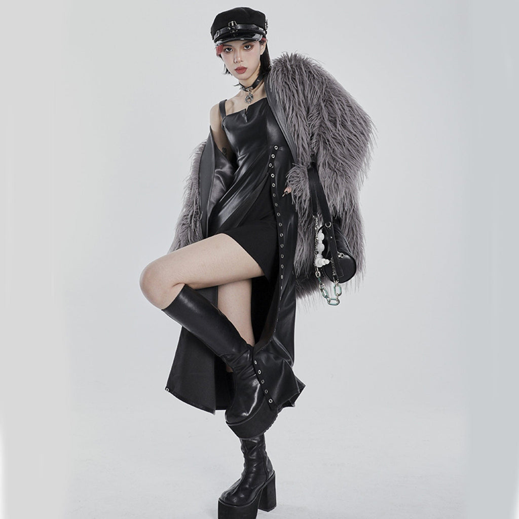 PUNK RAVE Women's Punk Eyelet Split Faux Leather Slip Dress
