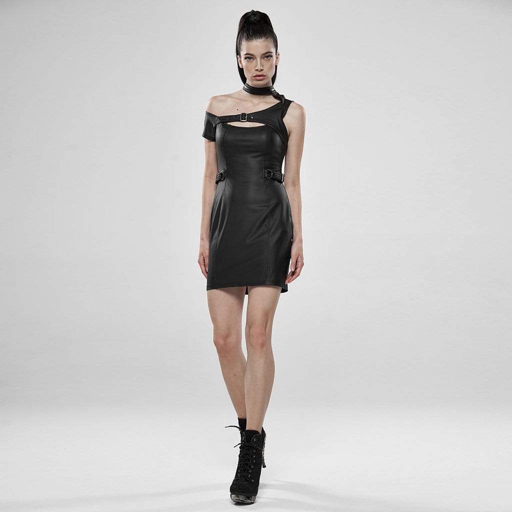 Women's Punk Faux Leather Off Shoulder Slim Fitted Dresses
