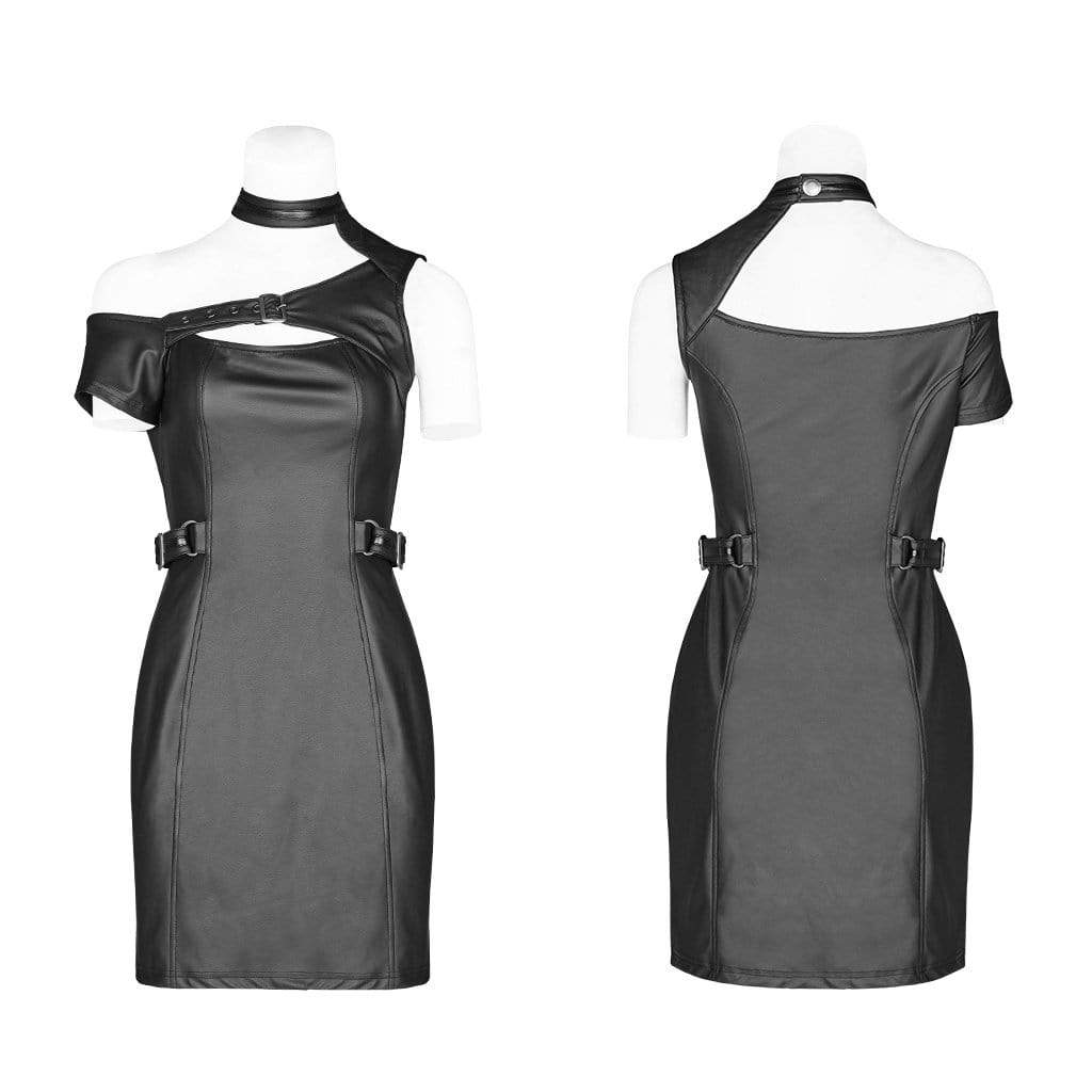 Women's Punk Faux Leather Off Shoulder Slim Fitted Dresses