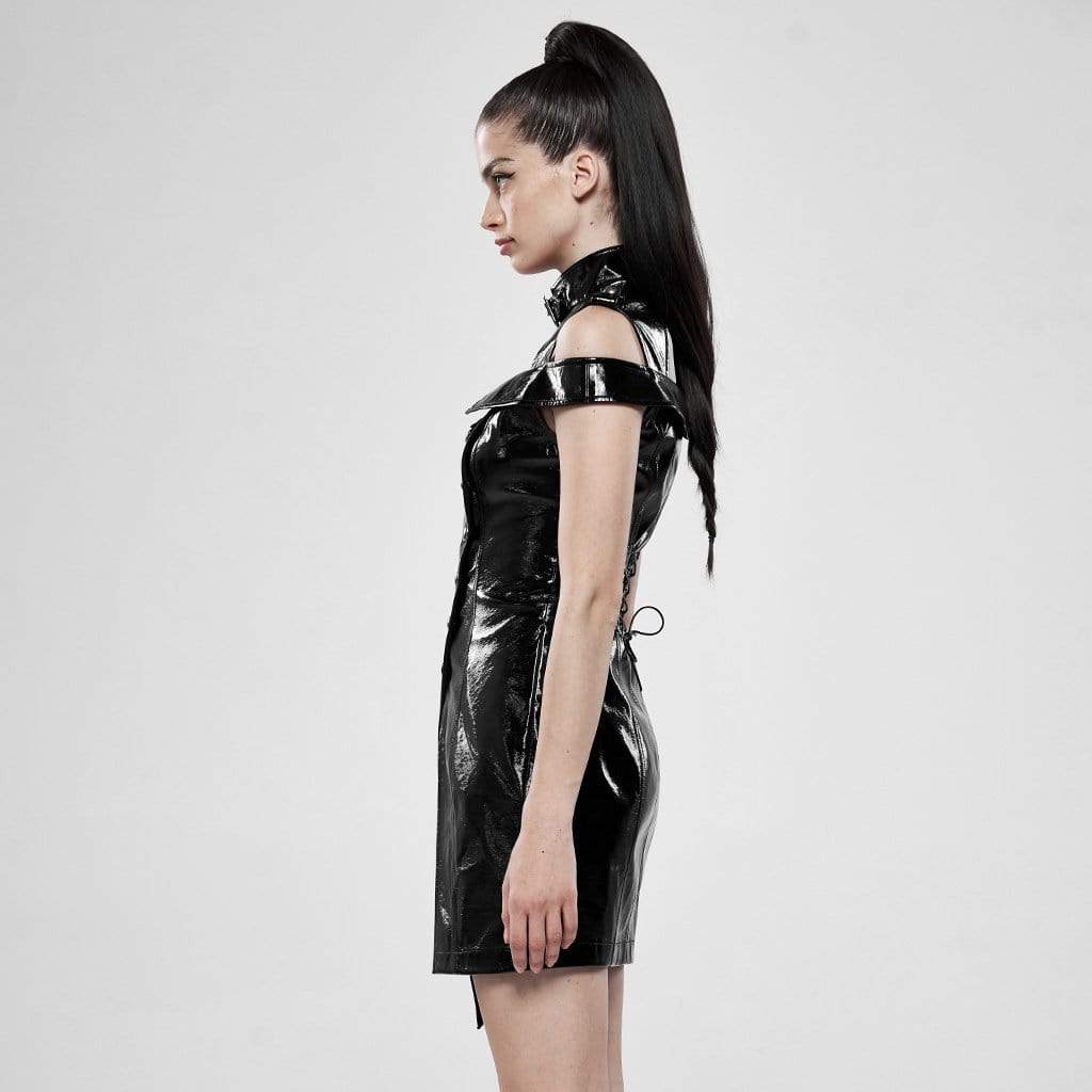 Women's Punk Faux Leather Stand Collar Off Shoulder Slit Dresses