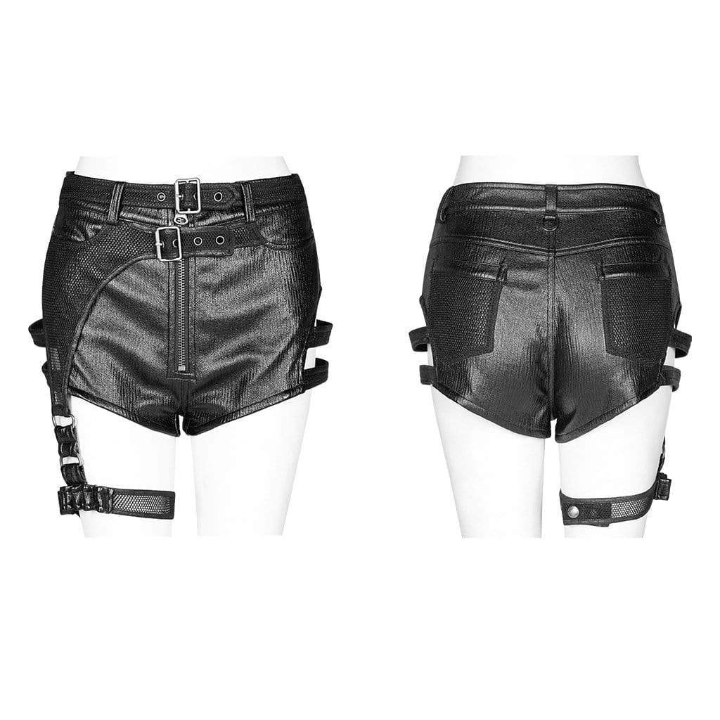 Women's Punk Faux Leather Zipper Fly Black Shorts With Waist Belt And Leg Ring