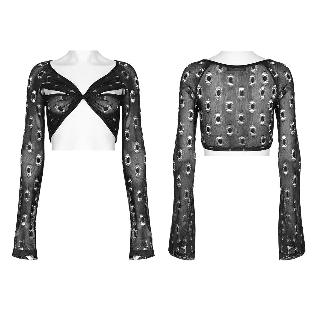 PUNK RAVE Women's Punk Flare Sleeved Ripped Crop Top