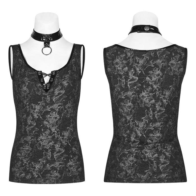 Women's Punk Floral Printed Tank Tops With Faux Leather O-ring Wide Choker