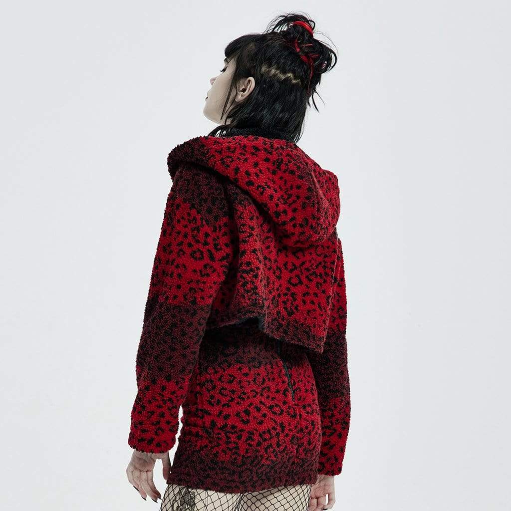 Women's Punk Front Zip Hooded Woolen Short Coat