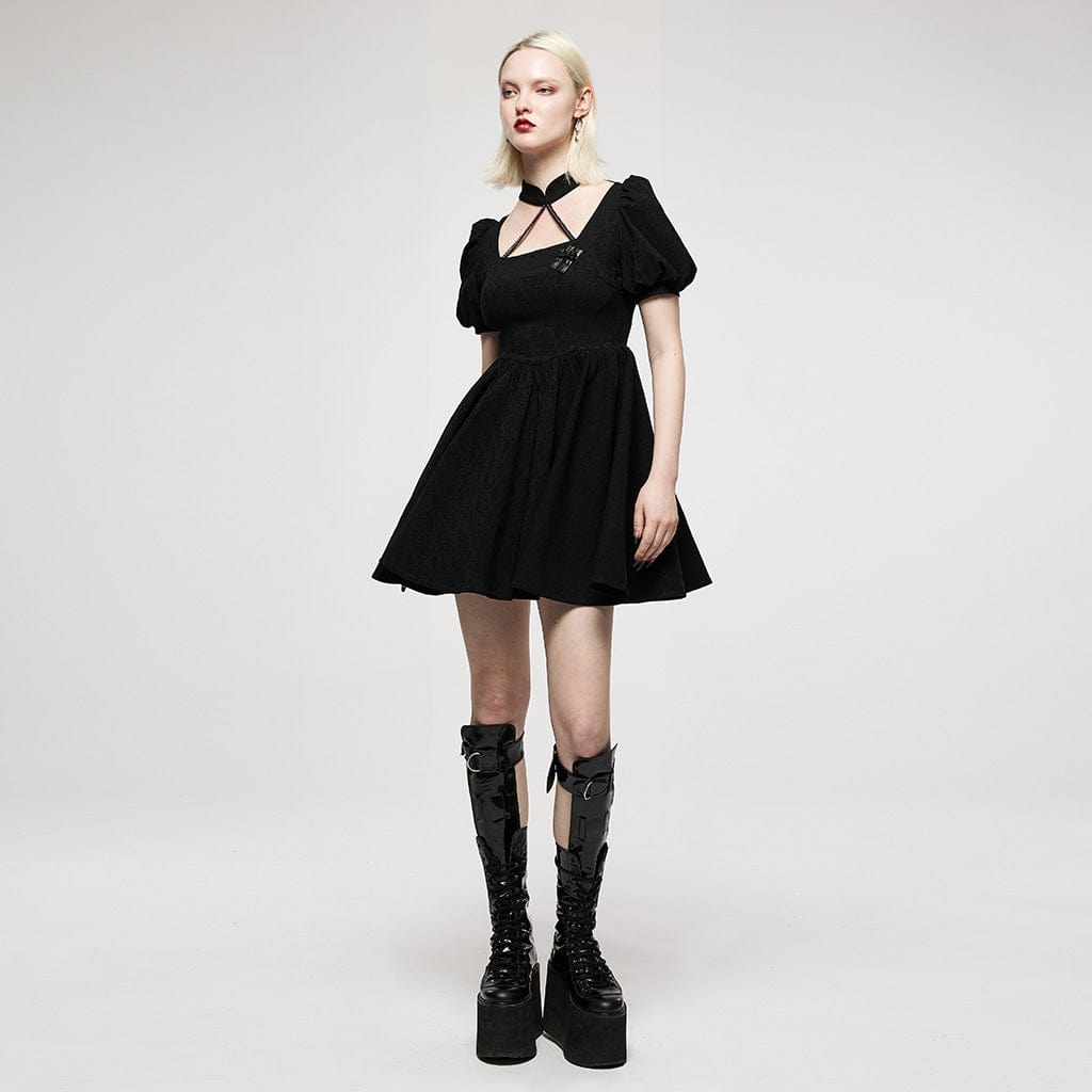 Punk Rave Women's Punk Halterneck Puff Sleeved Jacquard Black Little Dress