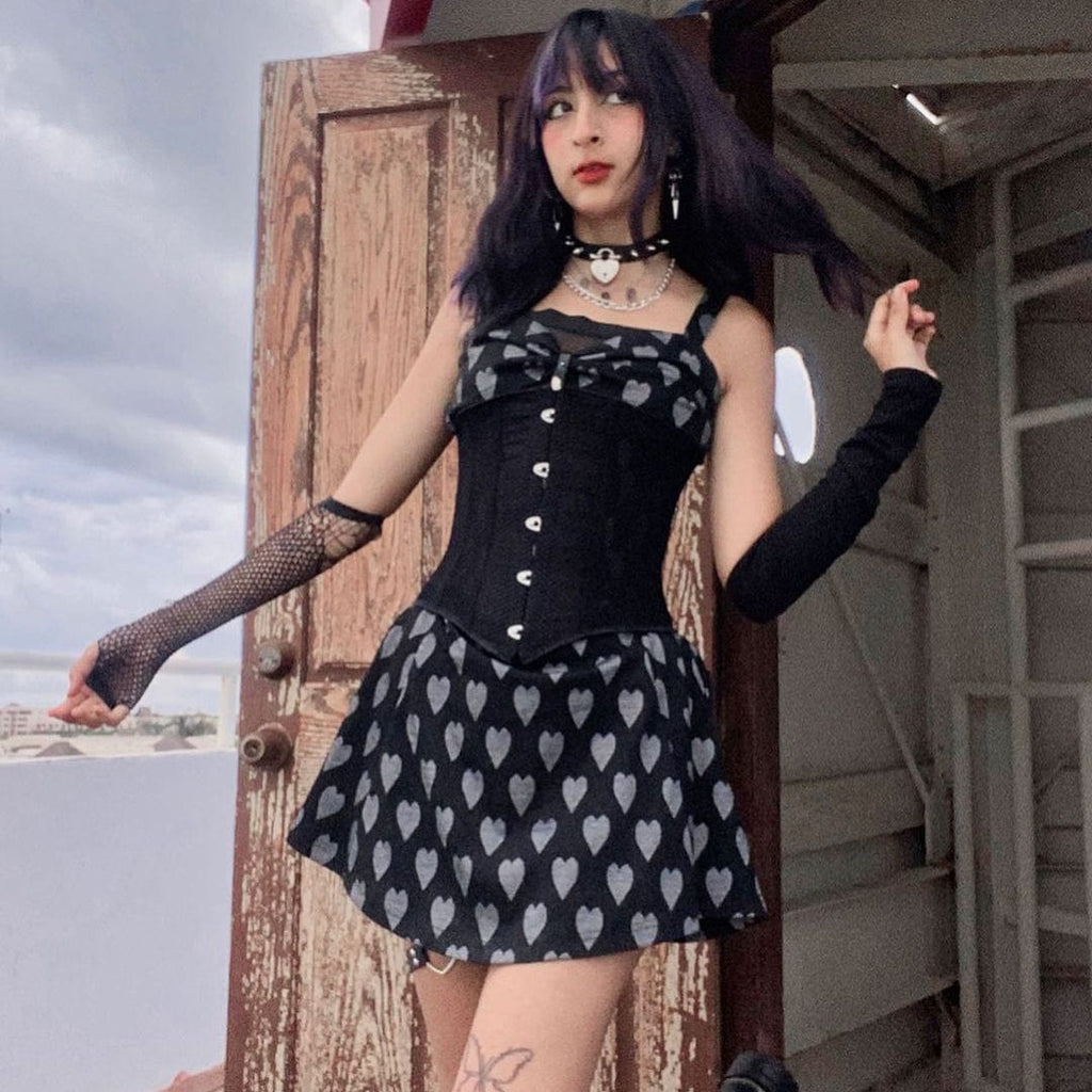 PUNK RAVE Women's Punk Heart Printed Bowknot Slip Dress