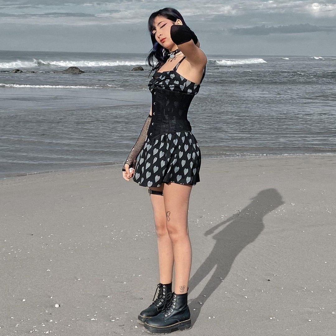 PUNK RAVE Women's Punk Heart Printed Bowknot Slip Dress