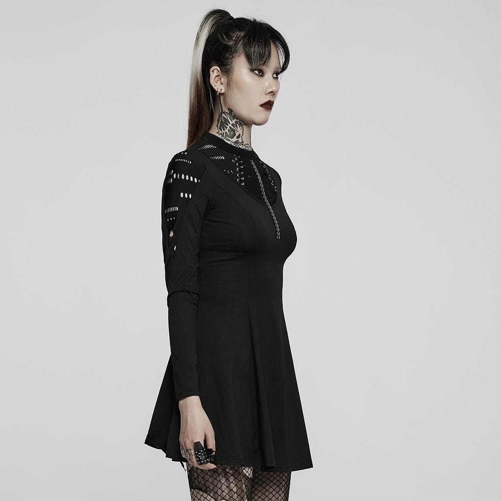 Punk Rave Women's Punk High Collar Ripped Long Sleeved Black Little Dress