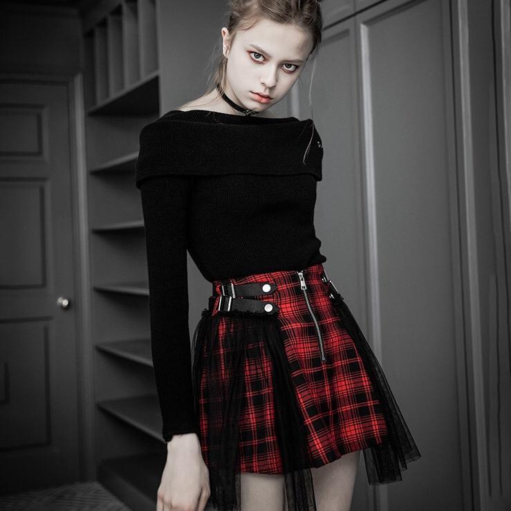 Women's Punk High-waisted Black and Red Check A-line Skirts with Yarn Ruffles