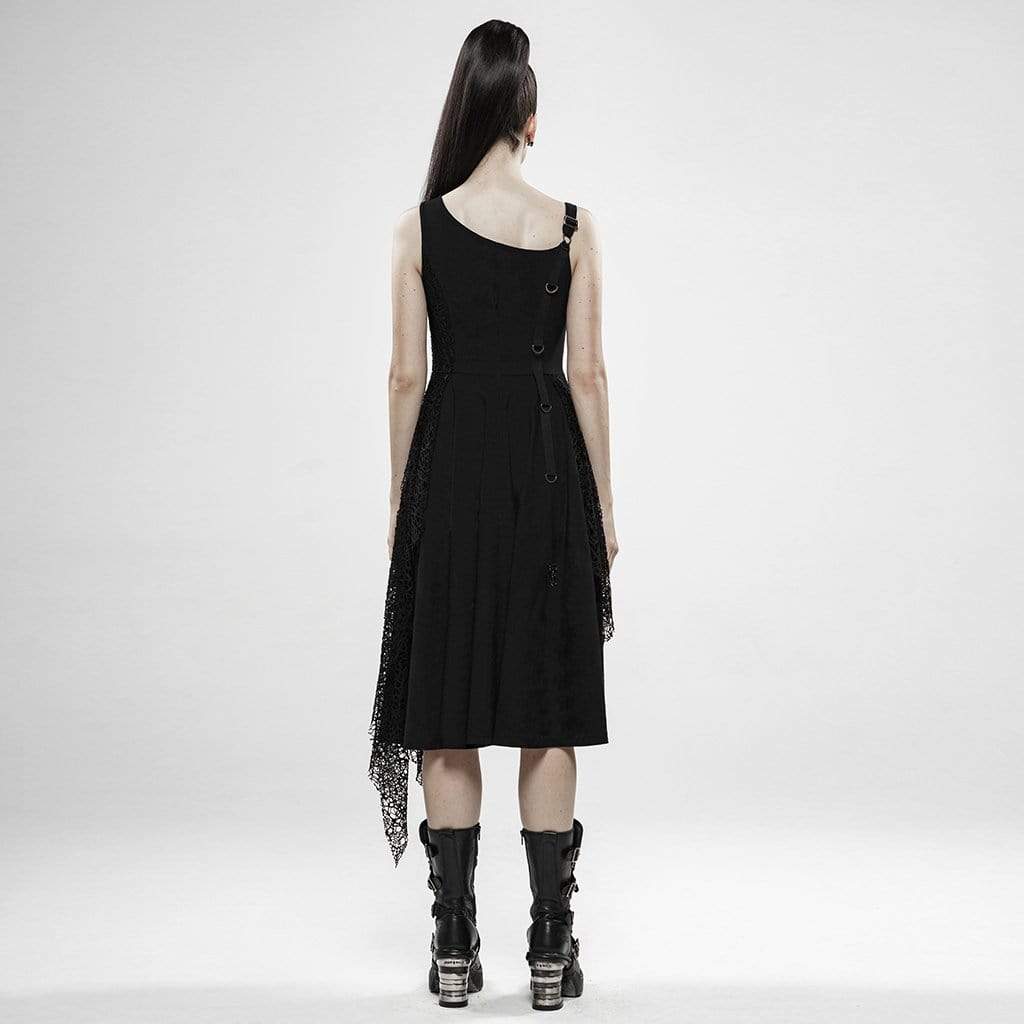 Women's Punk Irregular Black Plaid Slip Dresses With Mesh Ruffles