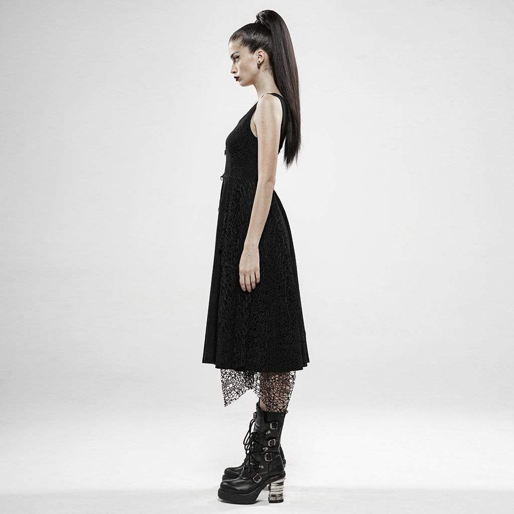 Women's Punk Irregular Black Plaid Slip Dresses With Mesh Ruffles