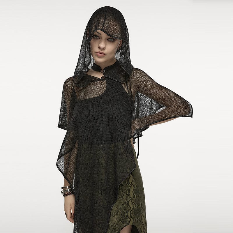 PUNK RAVE Damen Punk Unregelmäßiger Netzumhang mit Kapuze