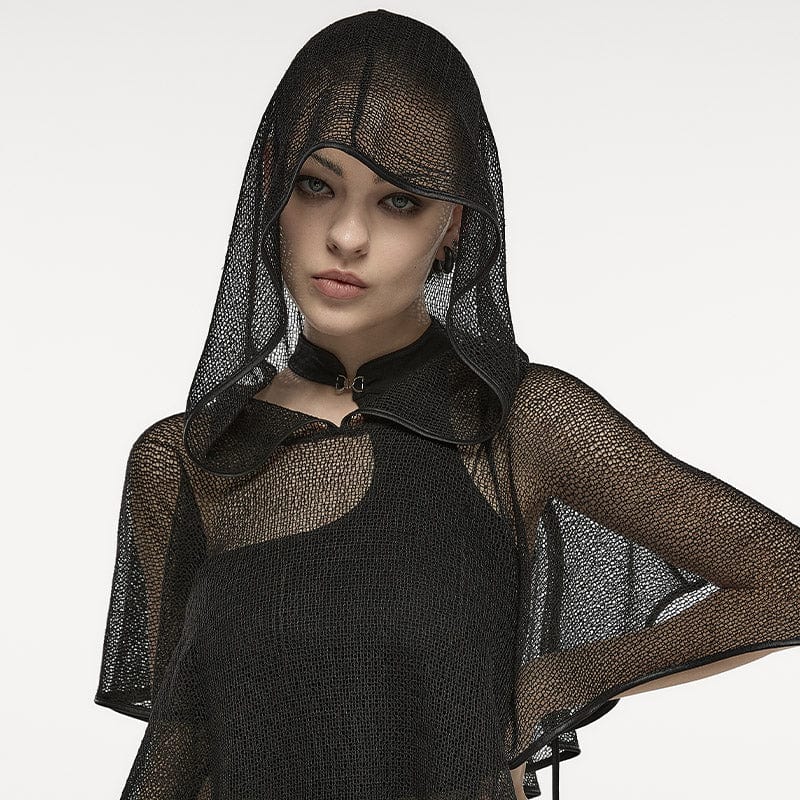 PUNK RAVE Damen Punk Unregelmäßiger Netzumhang mit Kapuze