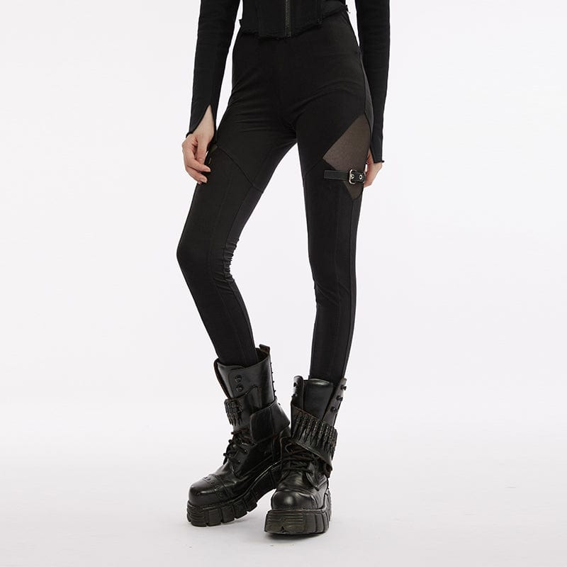PUNK RAVE Women's Punk Mesh Splice Buckle Leggings