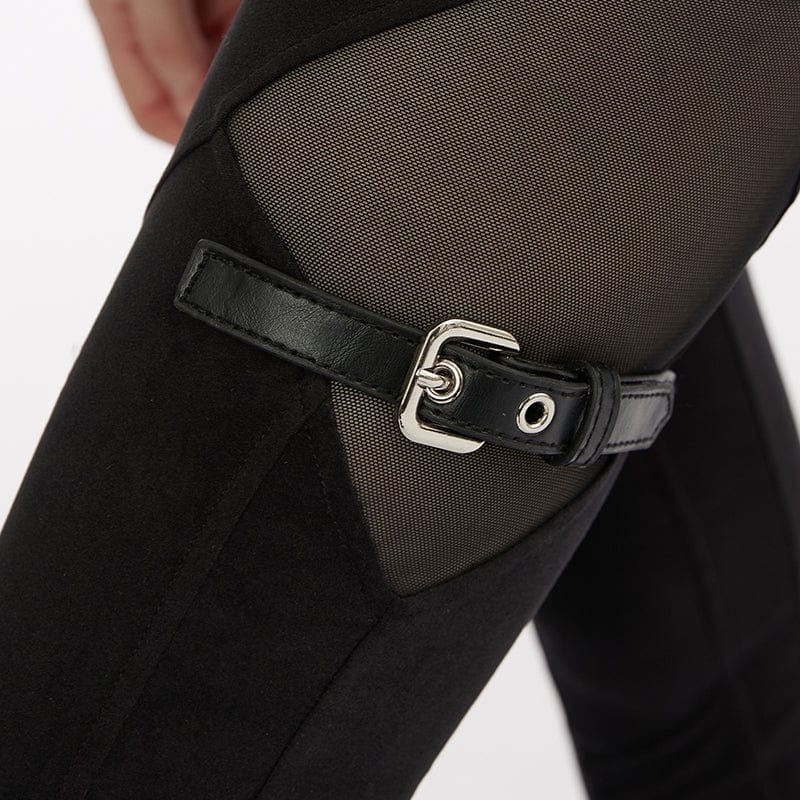 PUNK RAVE Women's Punk Mesh Splice Buckle Leggings