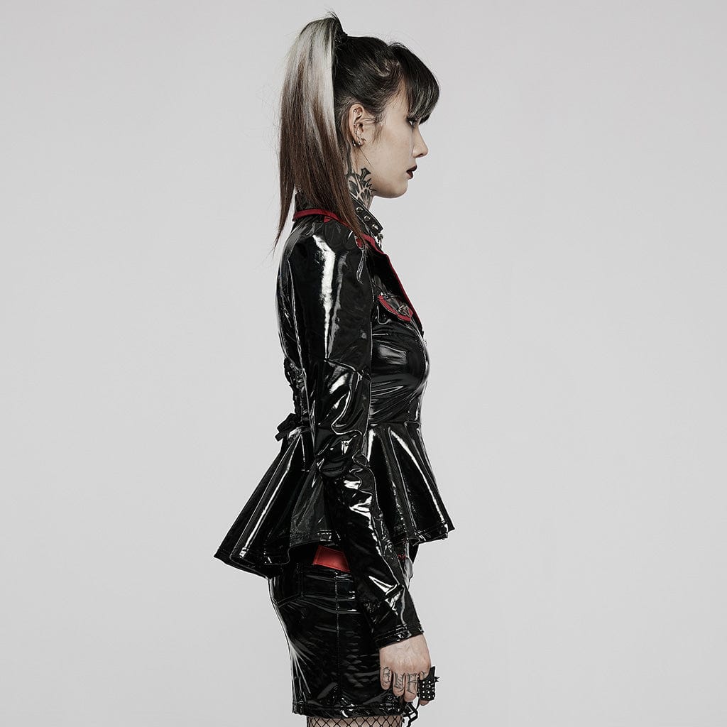 Punk Rave Women's Punk Military Style Contrast Color Patent Leather Jacket