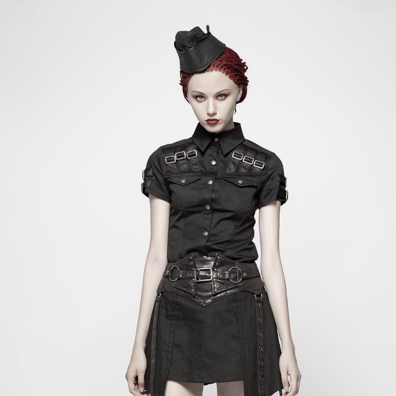 Camisa negra de manga corta con cuello vuelto estilo militar punk para mujer