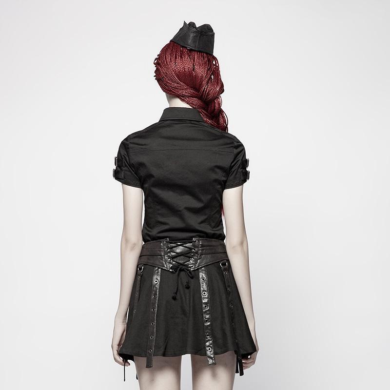 Women's Punk Military Turndown Collar Short Sleeve Black Shirt
