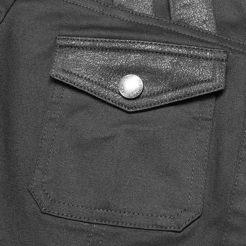 Camisa negra de manga corta con cuello vuelto estilo militar punk para mujer