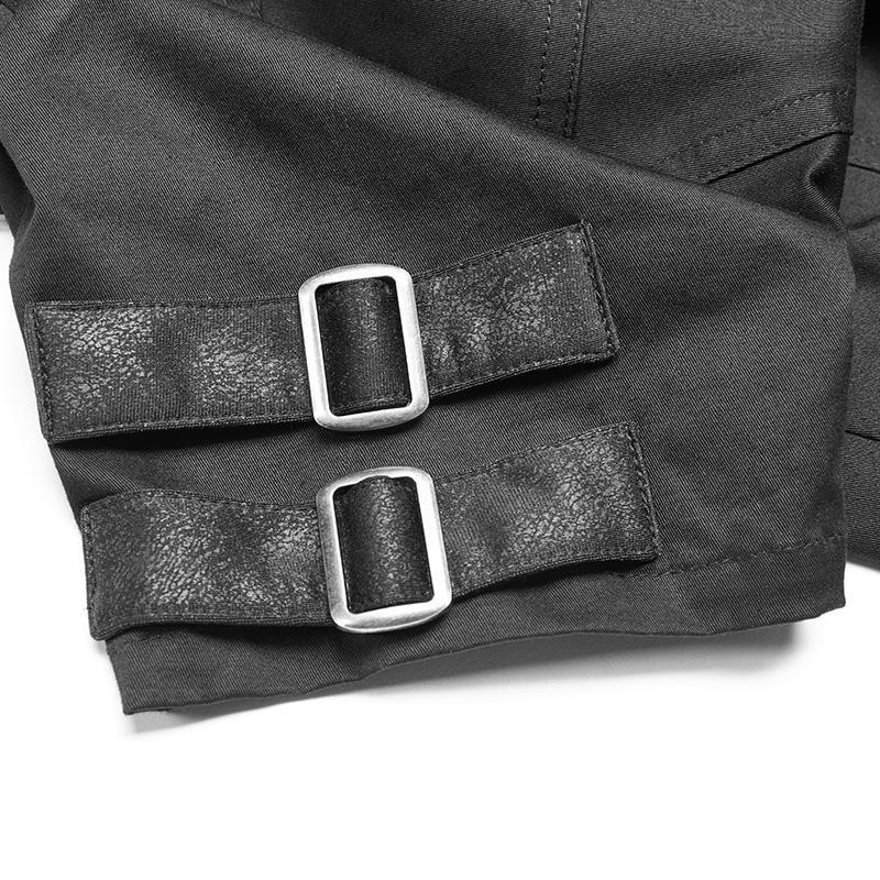 Camisa negra de manga corta con cuello vuelto estilo militar punk para mujer