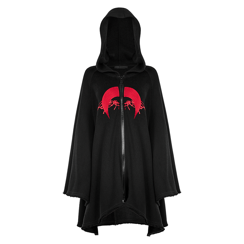 PUNK RAVE Women's Punk Moon Embroidered Loose Coat with Witch Hood