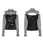 PUNK RAVE Women's Punk Off Shoulder Ripped Mesh Top