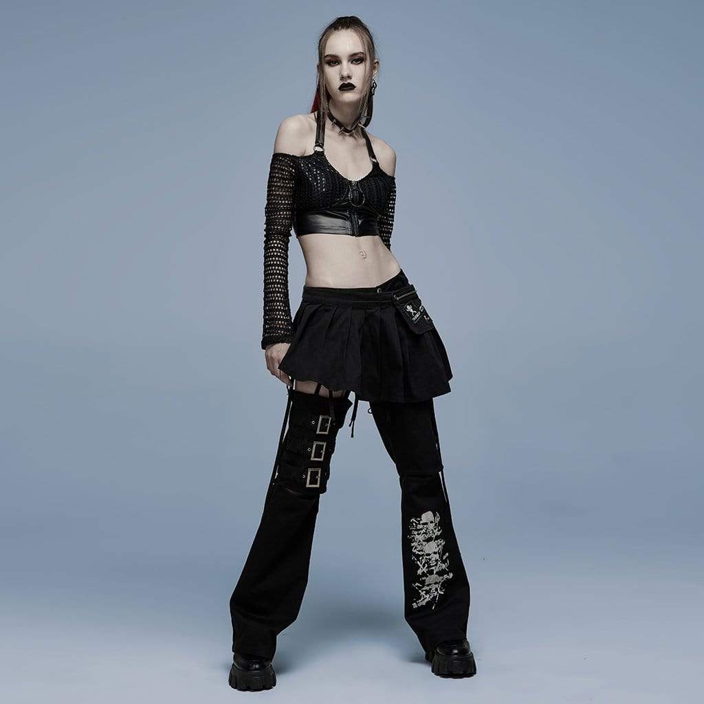 Punk Rave Damen Punk Off Shoulder Splice Mesh Crop Top