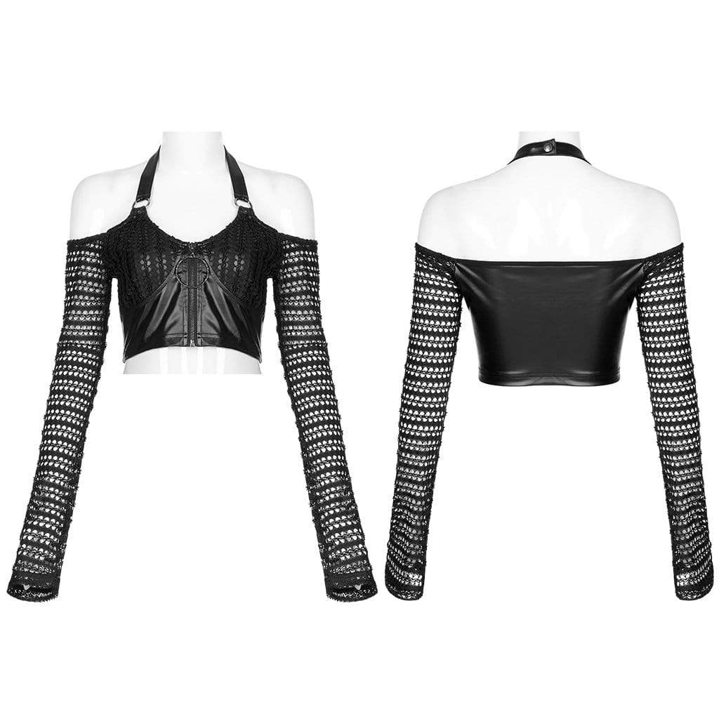 Punk Rave Damen Punk Off Shoulder Splice Mesh Crop Top