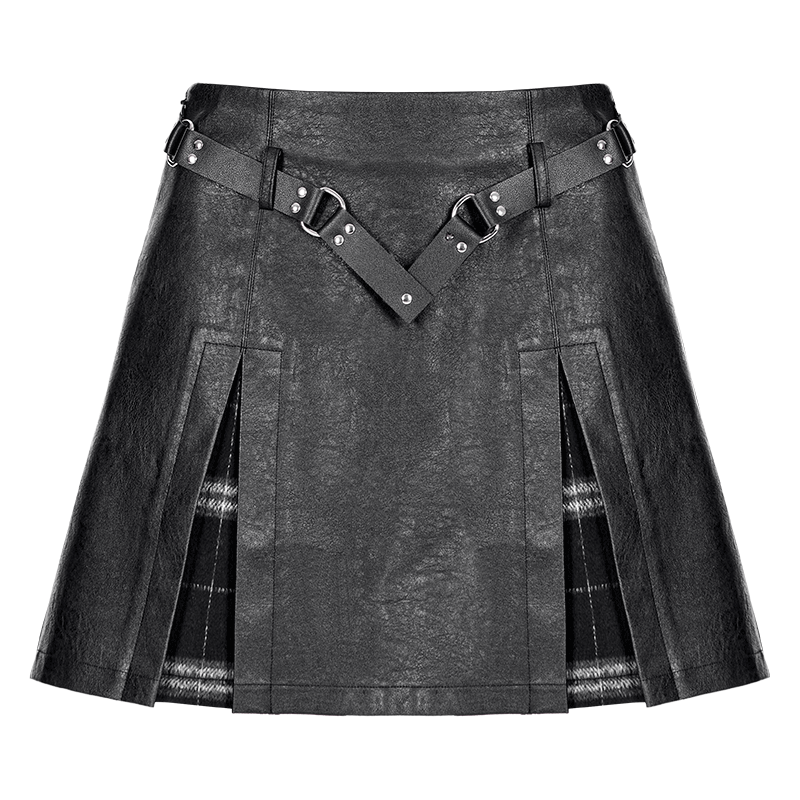 PUNK RAVE Women's Punk Plaid Splice Faux Leather Skirt with Belt