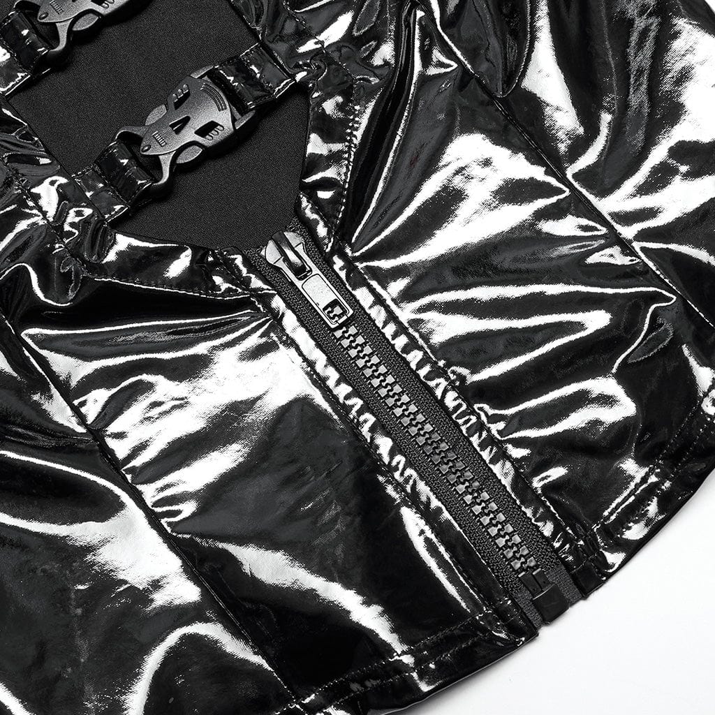PUNK RAVE Women's Punk Plunging Buckles Patent Leather Vest