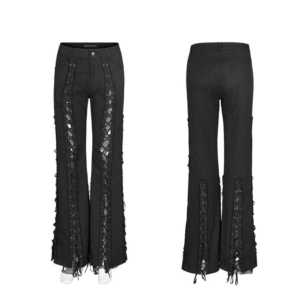 Women's Punk Ripped Lace Up Bell-bottoms