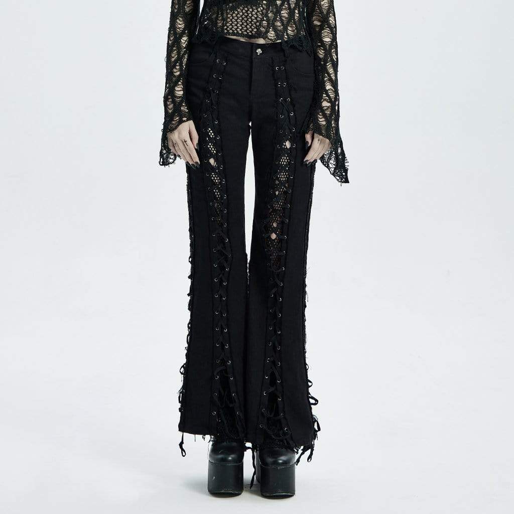 Women's Punk Ripped Lace Up Bell-bottoms