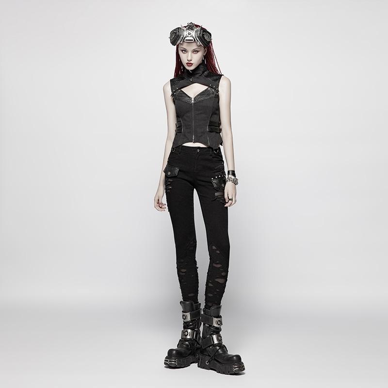 Women's Punk Ripped Skinny Pants With Skull Button