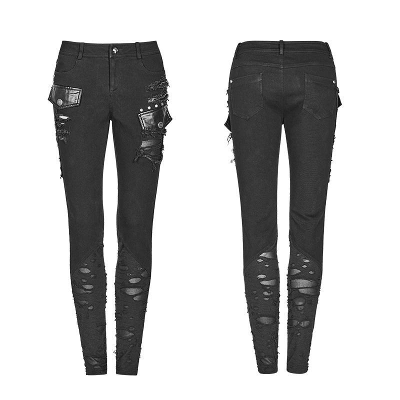 Women's Punk Ripped Skinny Pants With Skull Button