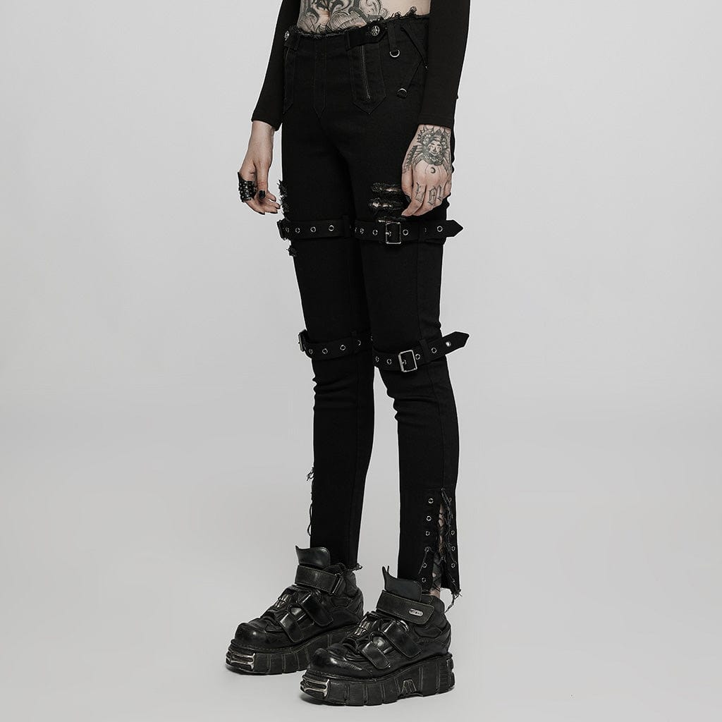 PUNK RAVE Women's Punk Ripped Straps Skinny Jeans