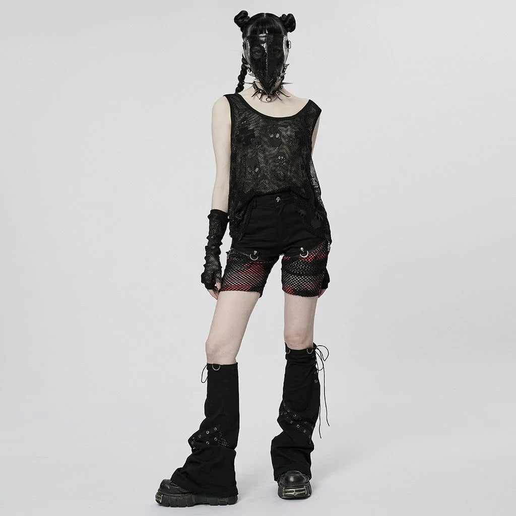 PUNK RAVE Women's Punk Skull Mesh Tank Top with Oversleeves