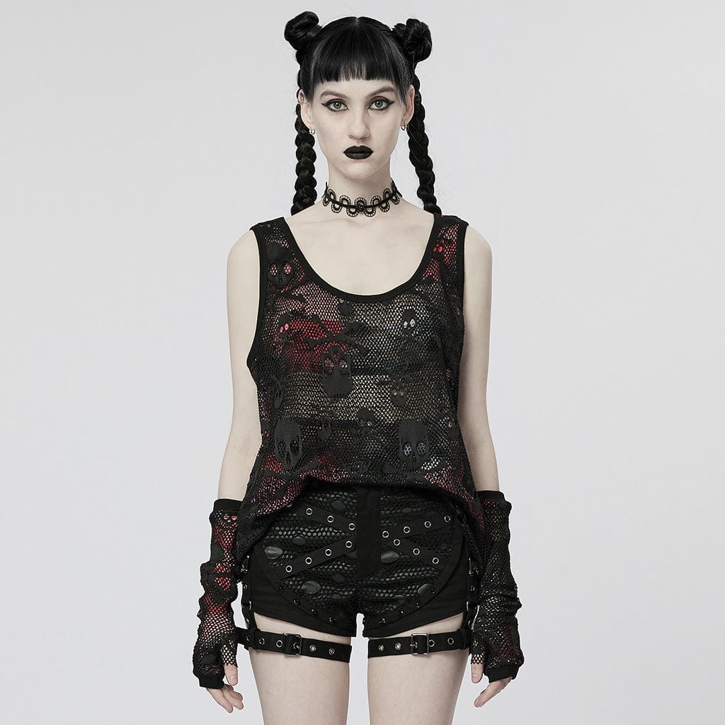 PUNK RAVE Damen Punk Skull Mesh Tank Top mit Ärmelschonern