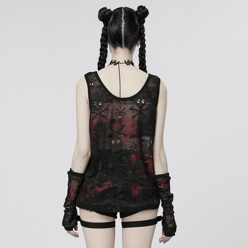 Gothic Women Skull Mesh Sleeves Lace Tank Crop Top Punk Sleeveless  Streetwear
